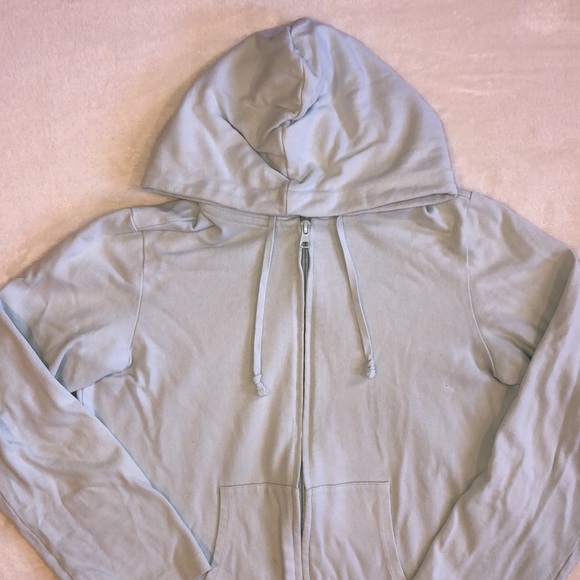 Eileen Fisher Organic Cotton Light Blue Quarter Sleeve Hoodie Zip-up Sweatshirt - Picture 2 of 6